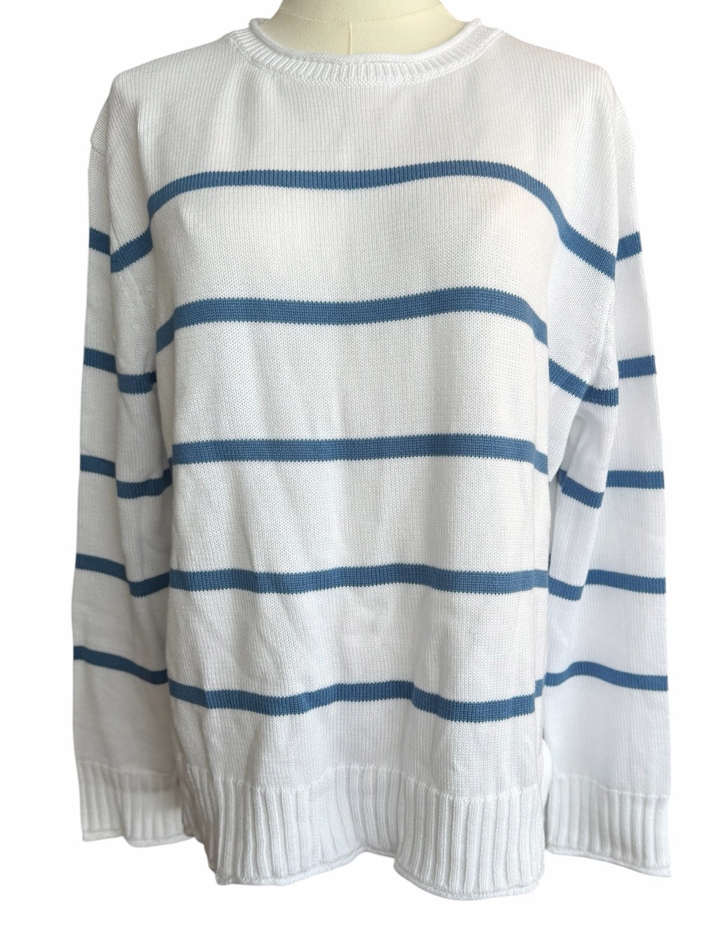 P Pura Cashmere Everyday Cotton Crew Sweater in French Blue and White Stripe